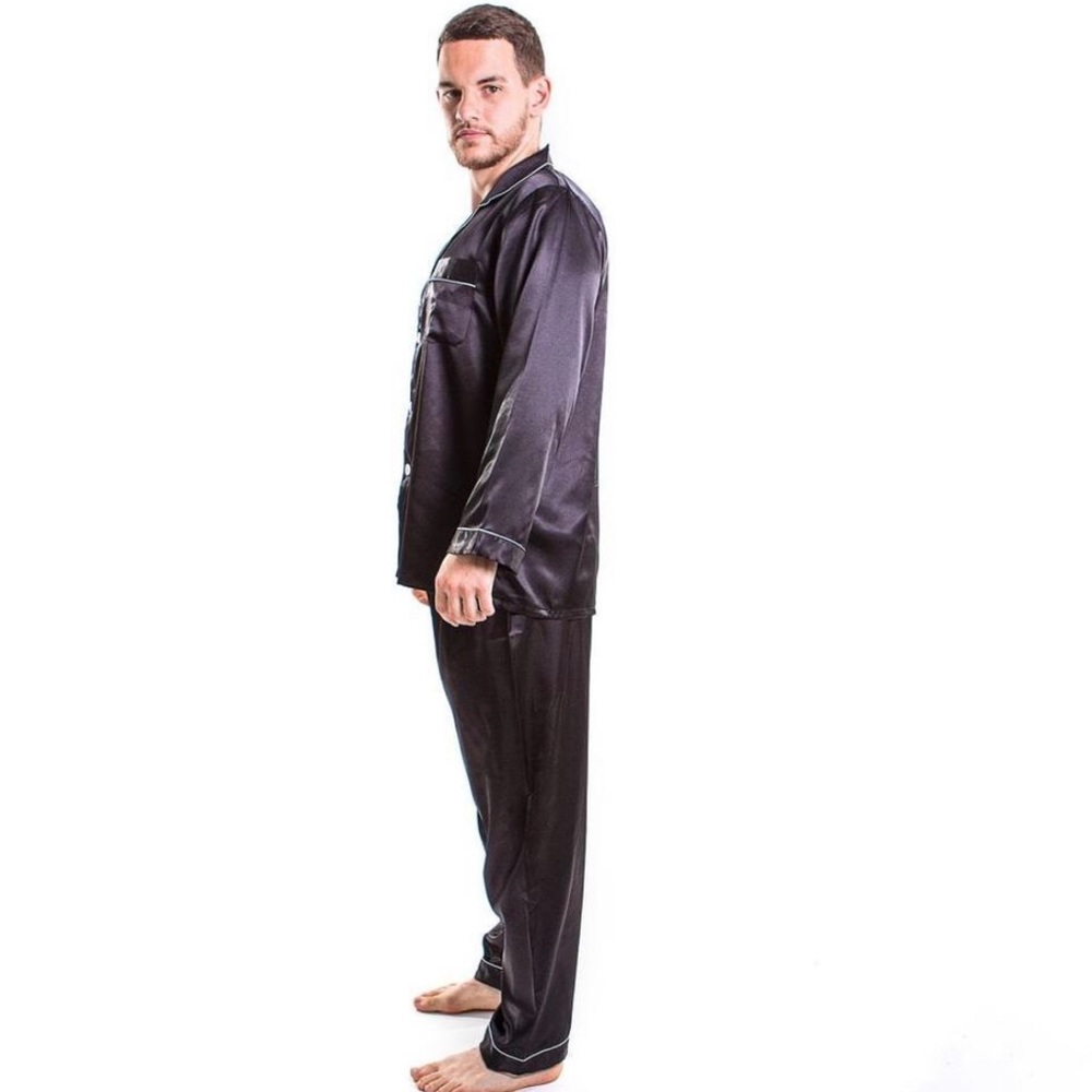 SOLDMen's Satin Pajamas Long Sleeves + Pants - Picture 2 of 13